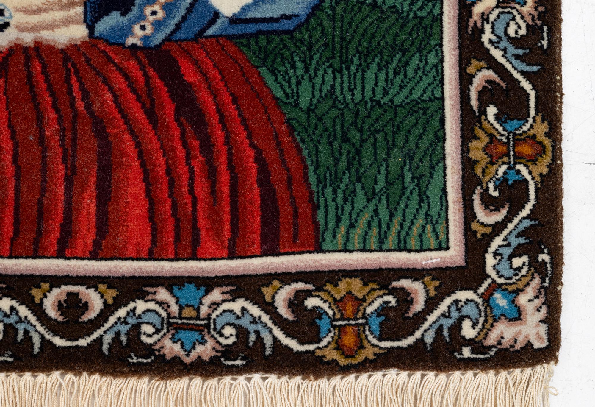 An oriental, figural rug, c. 64 x 50 cm.