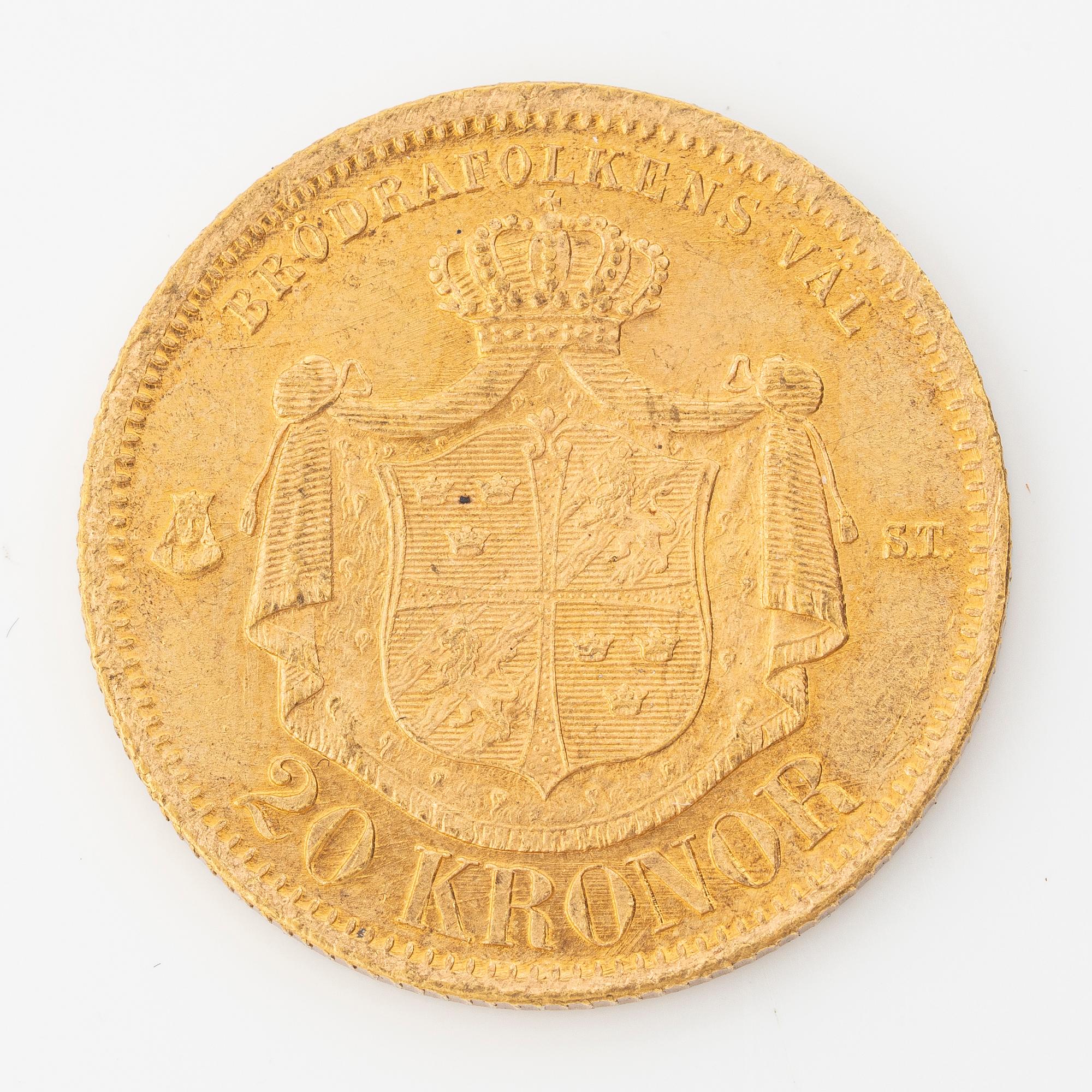 Gold coin, Oscar II, 20 kronor, type I, Sweden 1875.