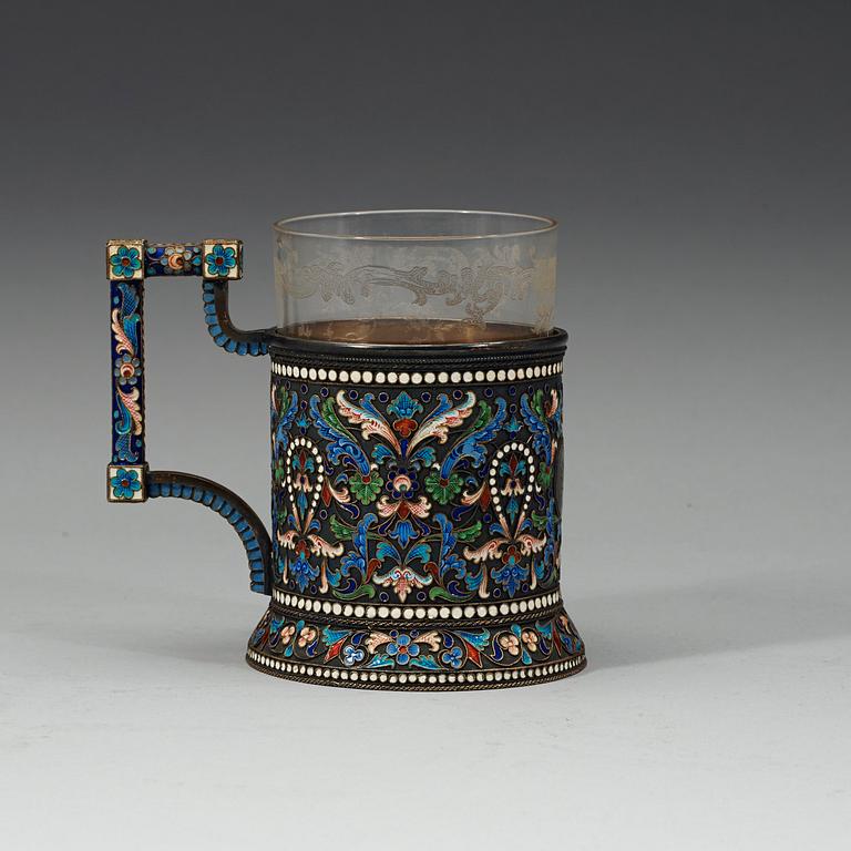 A Russian 19th century silver-gilt and enamel tea-glass holder, unidentified makers mark, Moscow 1880's.