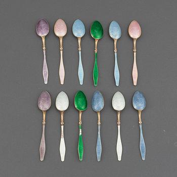 12 Norwegian silver-gilt and enamel spoons, mark of David Andersen, Oslo.