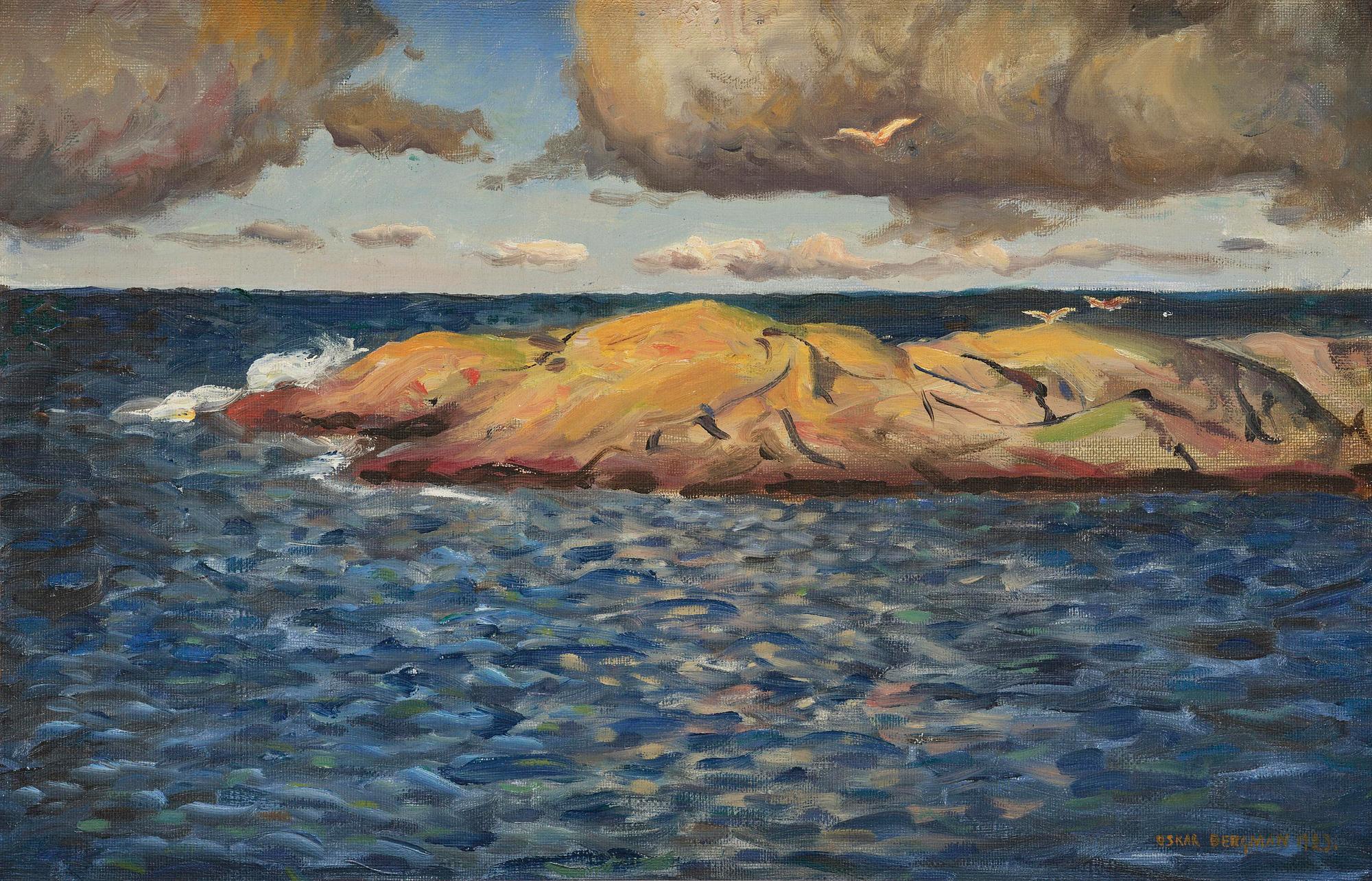 Oskar Bergman, Seascape with fish gulls.