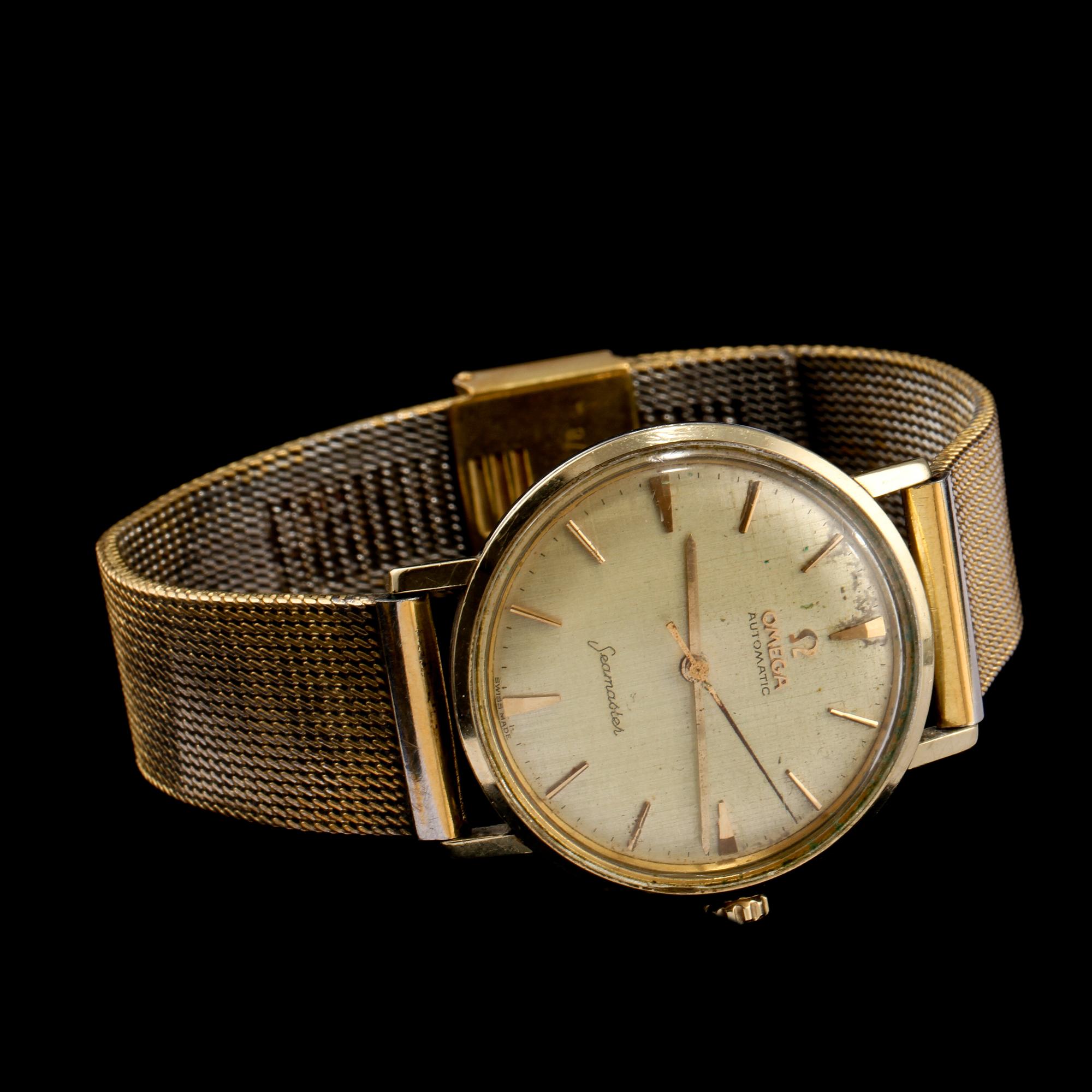 HERRARMBANDSUR, guld på stål, "seamaster", Omega. 1960-tal.
