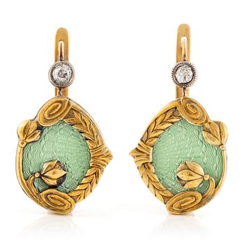617. A pair of earrings 14K gold with green enamel and old-cut diamonds, St. Petersburg Russia, 1899-1908.