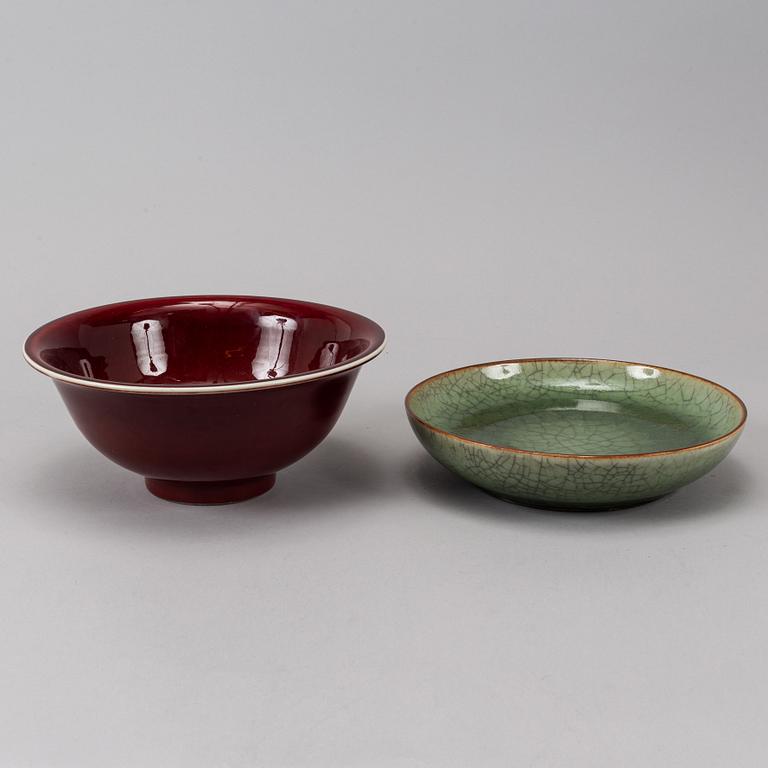 A sang de boef glazed bowl and a ge glazed dish, China, second half of the 20th Century.