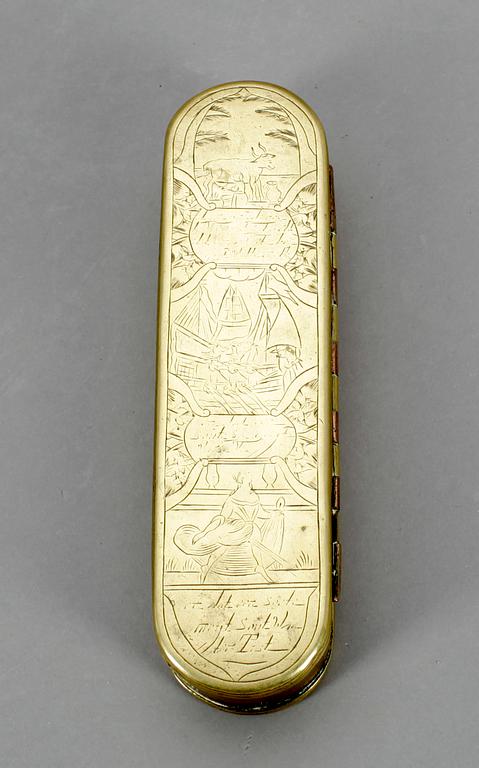 TOBAKSDOSA, koppar och mässing, troligen Holland, 1700-tal.