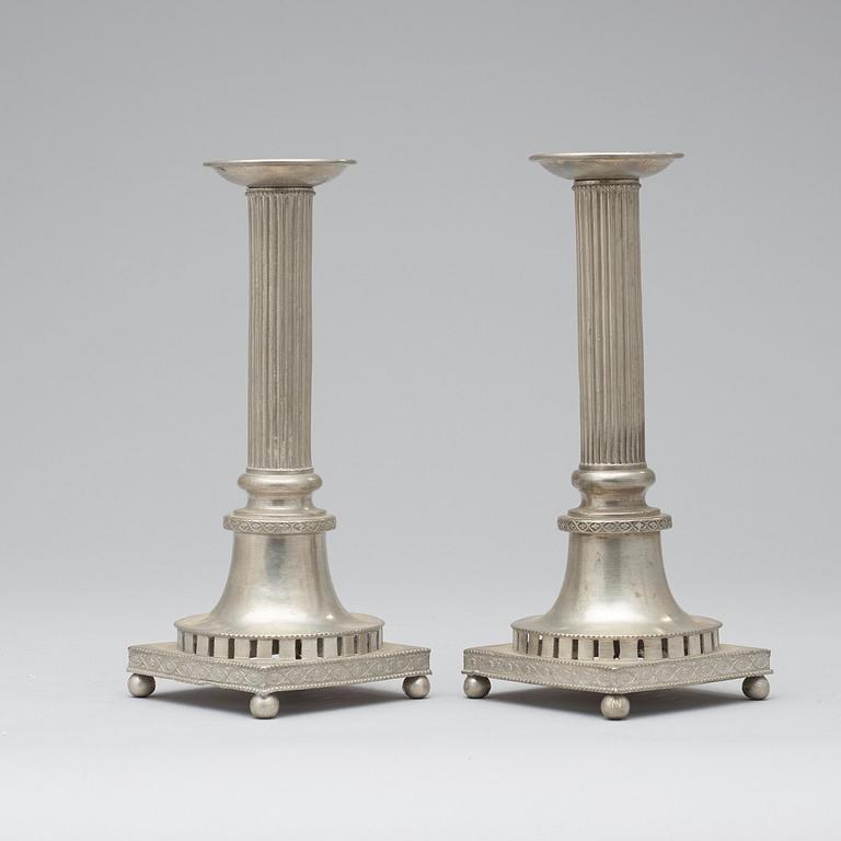 A pair of late Gustavian pewter candlesticks by H Wicksten, master 1782.