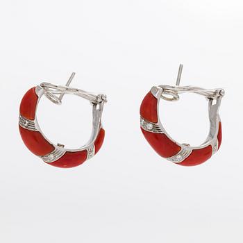Earrings, coral, 18K white gold, brilliant-cut diamonds, Italy.