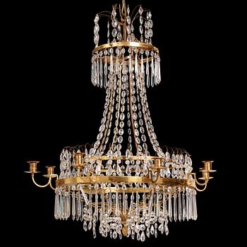 A Gustavian gilt brass and cut glass nine-branch chandelier, Stockholm late 18th century.