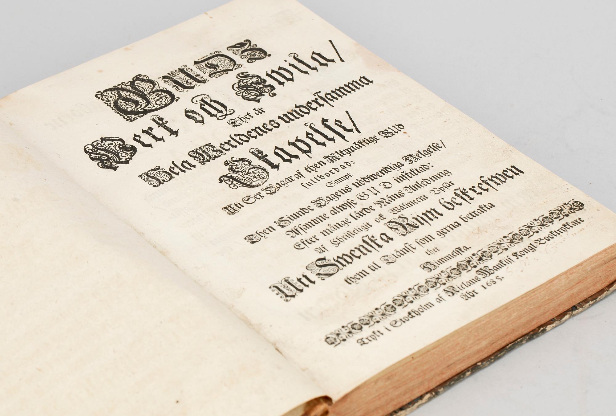 BOK, "Guds Werk och Hwila thet år hela Werldenes undersamma Skapelse..." av Haqvin Spegel, Stockholm 1685.