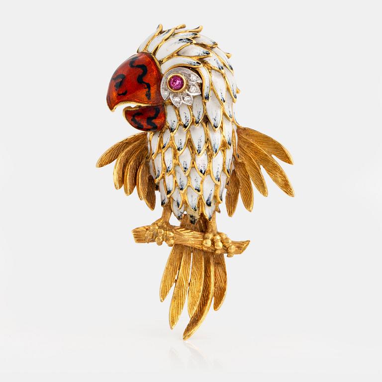 An 18K gold and enamel brooch set with eight-cut diamonds and a ruby.