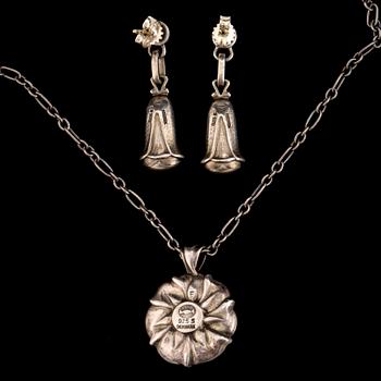 GEORG JENSEN, pendant and pair of earrings, sterling silver, late 20th century.
