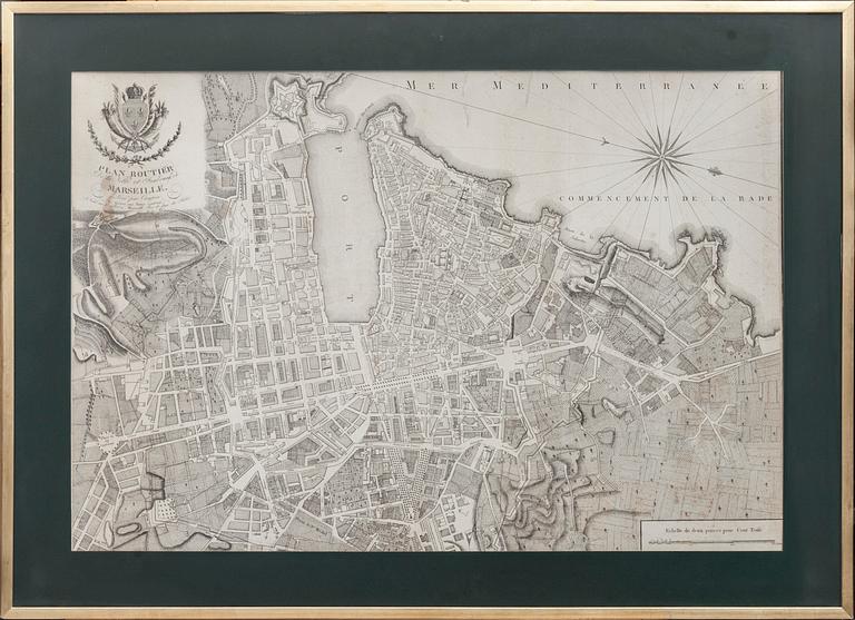 STADSKARAT, Plan Routier de la Ville de Marseille. Levé par Campen et Gravé par Denis Laurent. Omkring 1800.