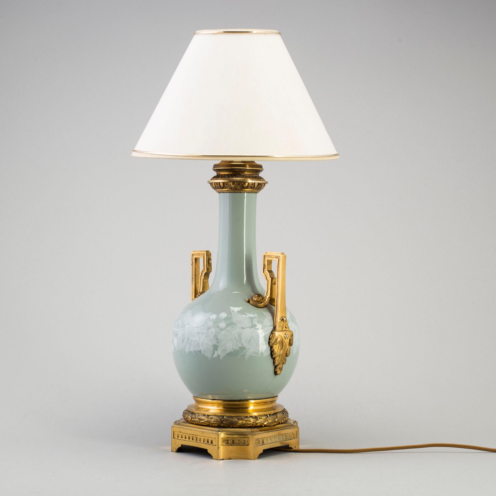 A 20th century celadon Chinese porcelain vase/table lamp, with  european gilt-bronze mount, 19th century.