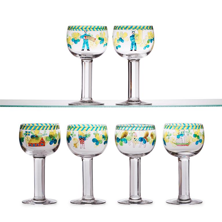 A set of six Gunnar Cyrén enameled glass goblets, Orrefors 1968.