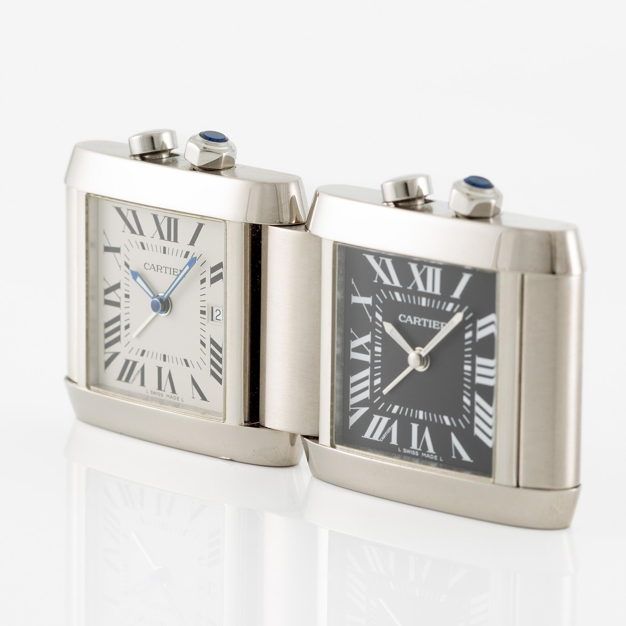 Cartier, Tank Francaise, Dual-Time, desk watch/travel watch, 35 x 41 (82) mm.