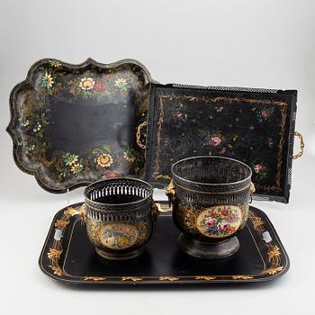 Two painted flower pots and 3 trays, 19th/20th Century.