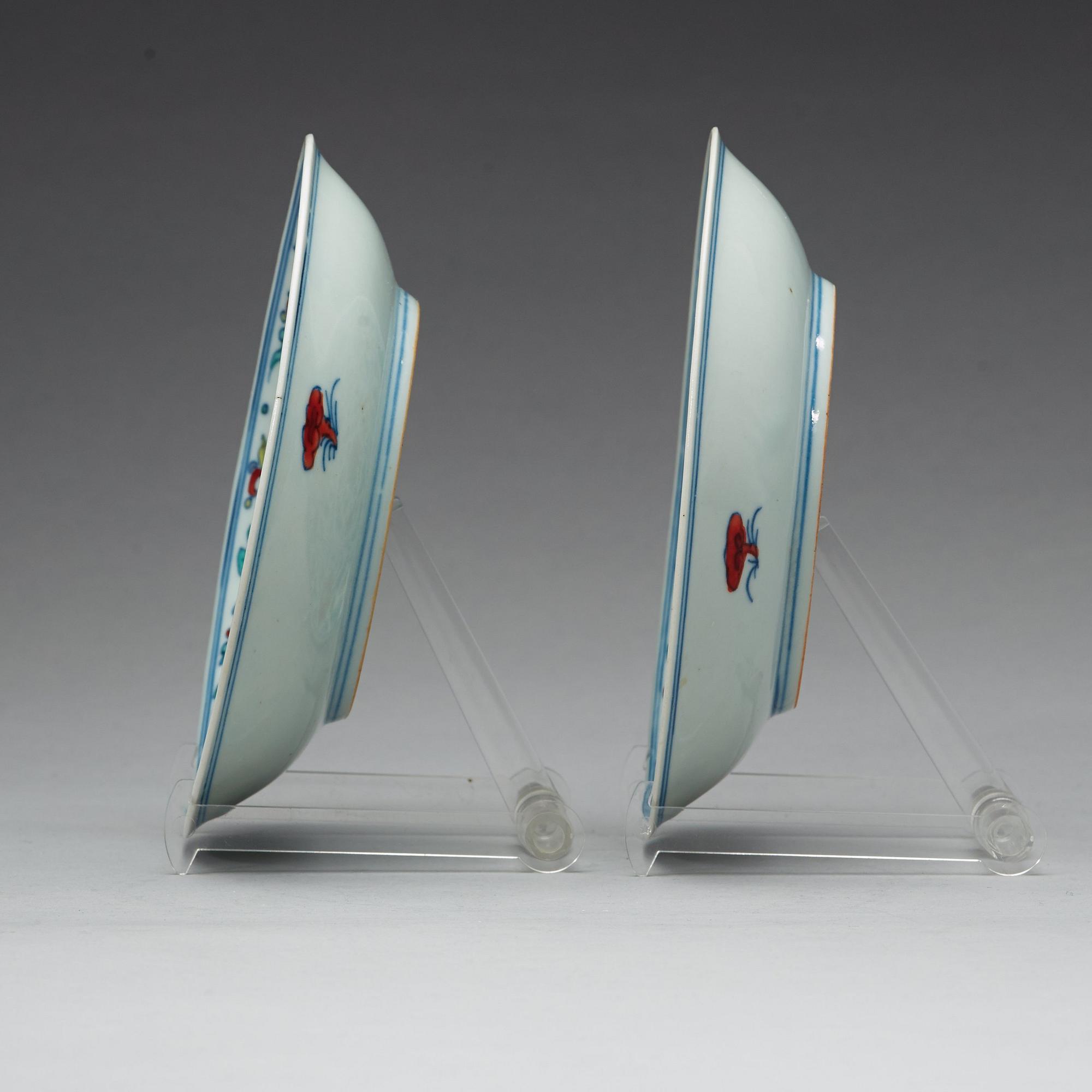 Two doucai lotus dishes, late Qing dynasty with Qianlong seal mark.
