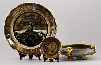PRAKTSKÅL och FAT, 2 st, flintgods, Josef Ekberg, Gustavsberg, 1900-talets första hälft.