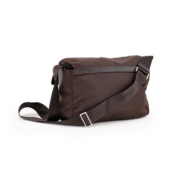 PRADA, a brown nylon crossbody bag.