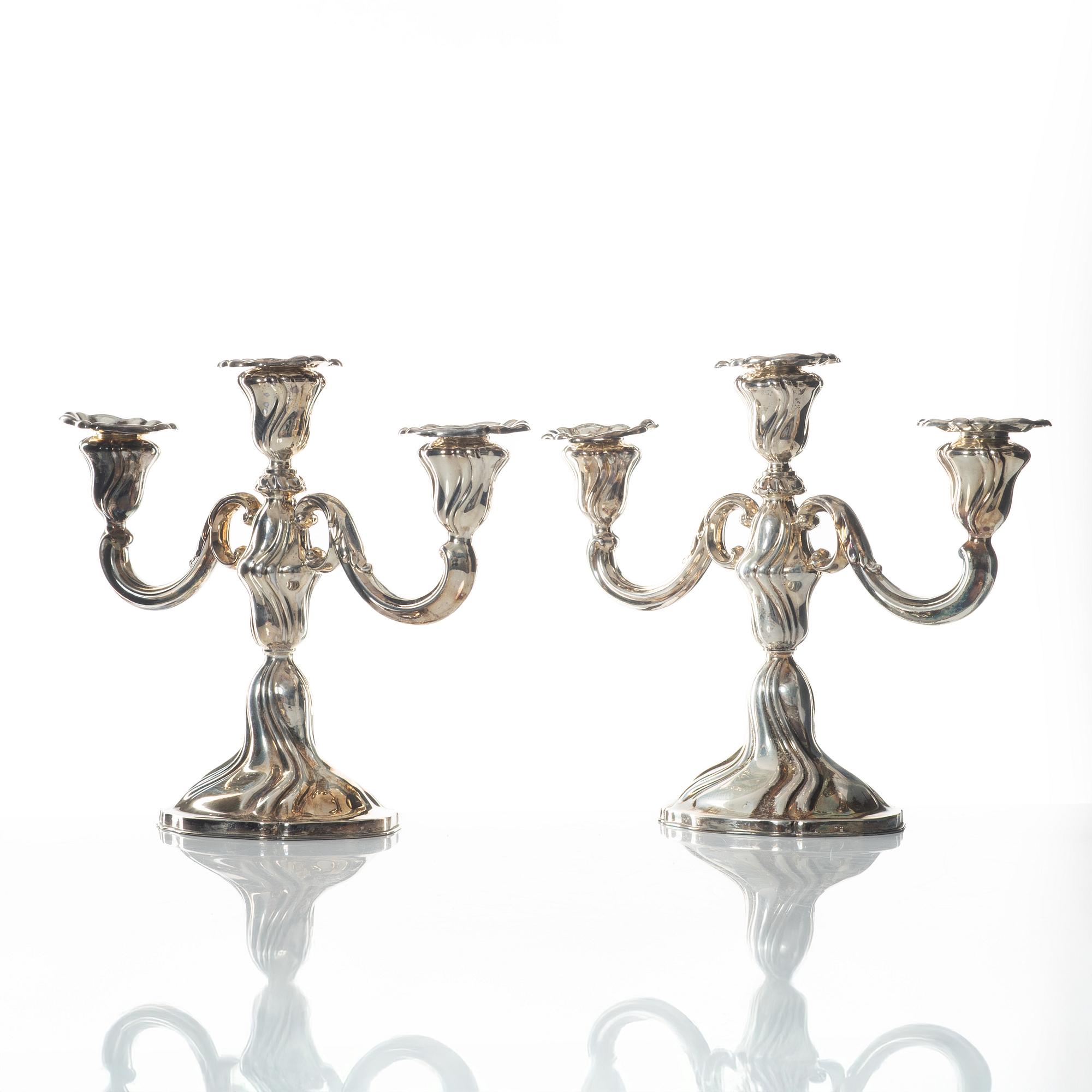 Bruckmann & Sohne, candelabras, a pair, silver, Rococo style, Heilbronn, Germany, 20th century, Swedish import mark.