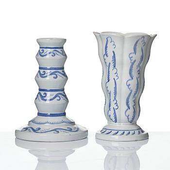 Wilhelm Kåge, Two earthenware vases, a lamp base and a jar with cover, Gustavsberg, Sweden, dated 1920.