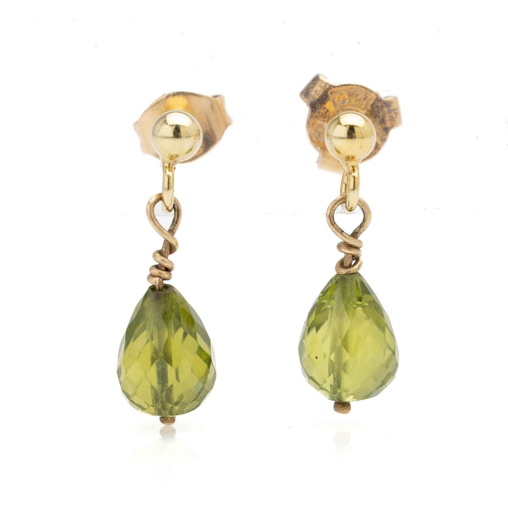 Earrings, a pair, 14K gold with briolette-cut peridot.