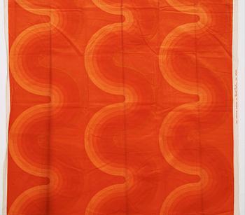 Verner Panton, CURTAINS, 2 PIECES, AND SAMPLERS, 11 PIECES.  Cotton velor. A variety of orange nuances and patterns. Verner Panton.