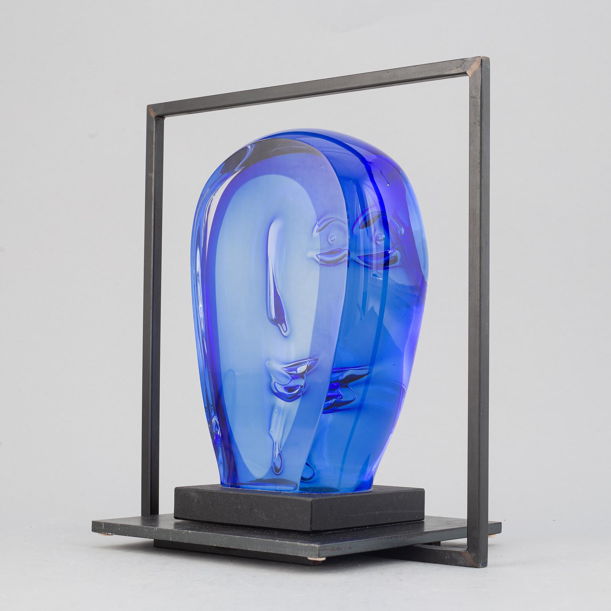 Göran Wärff, a glass sculpture with iron stand for Kosta Boda, signed. Unique.