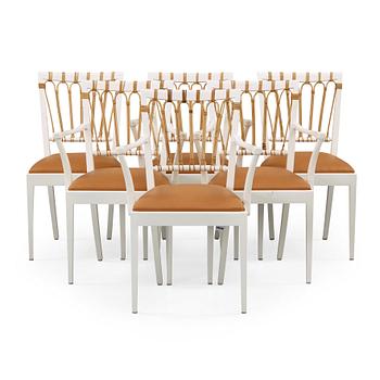 349. Josef Frank, a set of two white lacquered dining chairs and four armchairs, Svenskt Tenn, model 1165, post 1985.