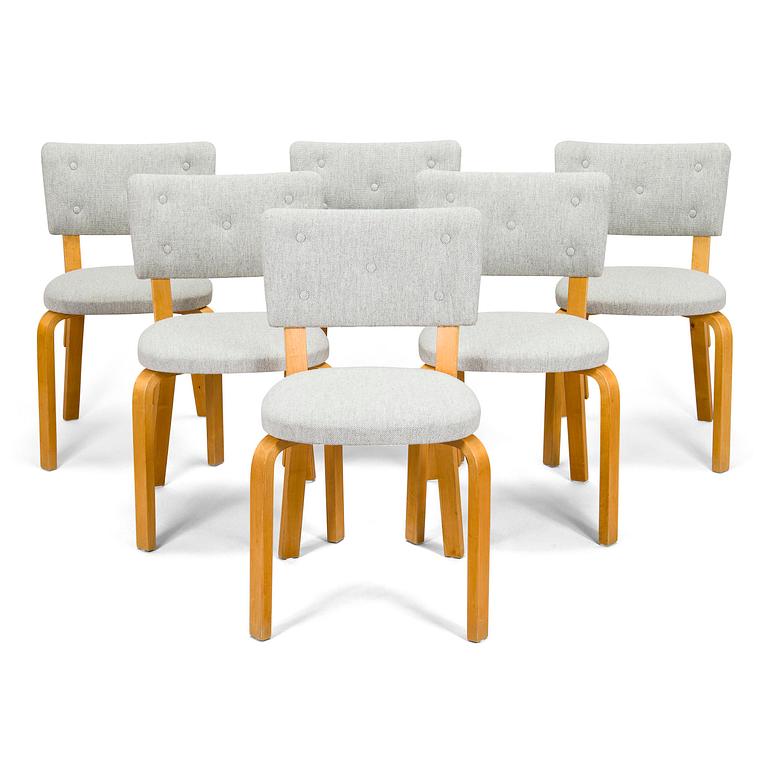 Alvar Aalto, stolar, 6 st, modell 63, O.Y. Huonekalu- ja Rakennustyötehdas A.B. 1900-talets mitt.