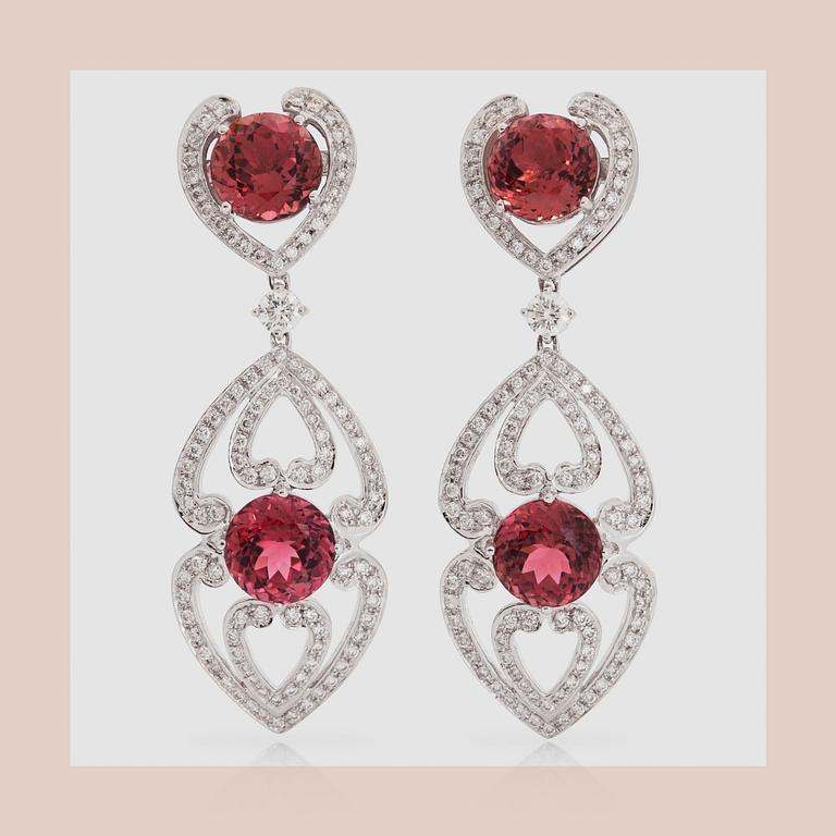 EARRINGS, a pair of pink tourmaline, circa 11.40 cts and round diamonds circa 1.66 cts.