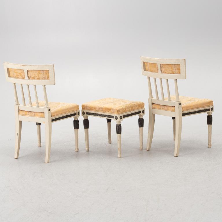A pair  chairs and a stool, late-gustaivan style, J.O. Nyström Möbleringsaffär, Sweden, 20th century.