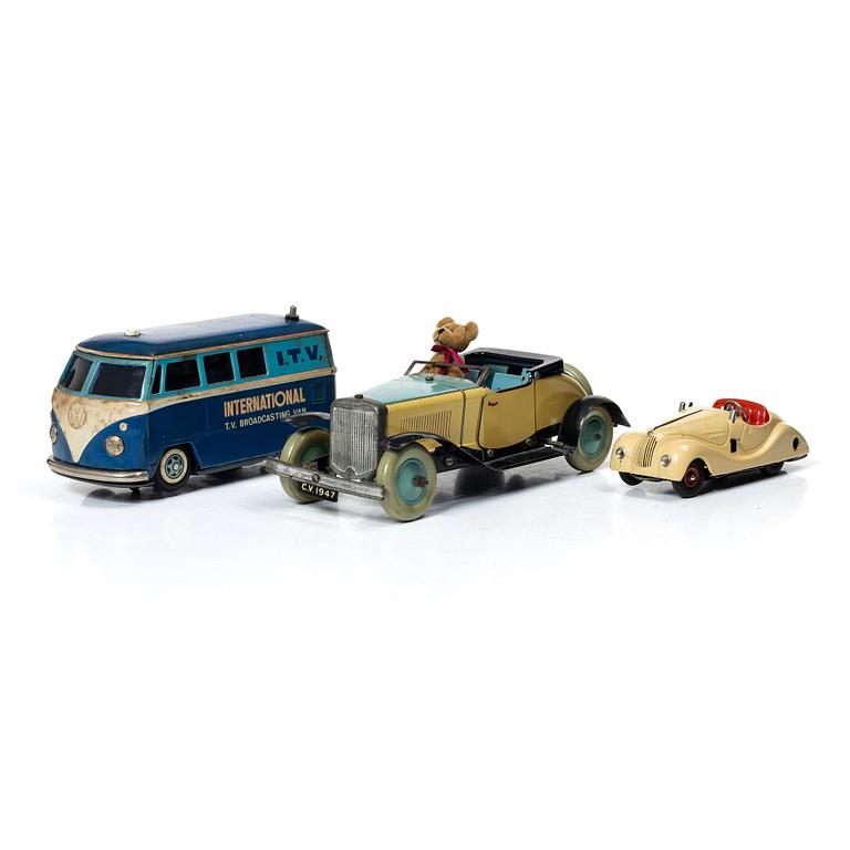 Tin toys, 3 cars, Gakken Toy, Chad Valley & Schuco.