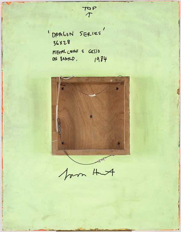 Gordon Hart, signed and dated 1984 on verso. Diptych. Gesso, silver leaf and metal leaf on panel.