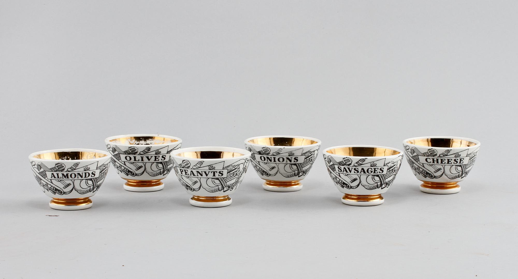 KOPPAR, 6 st, porslin, Piero Fornasetti, Italien, 1900-talets andra hälft.