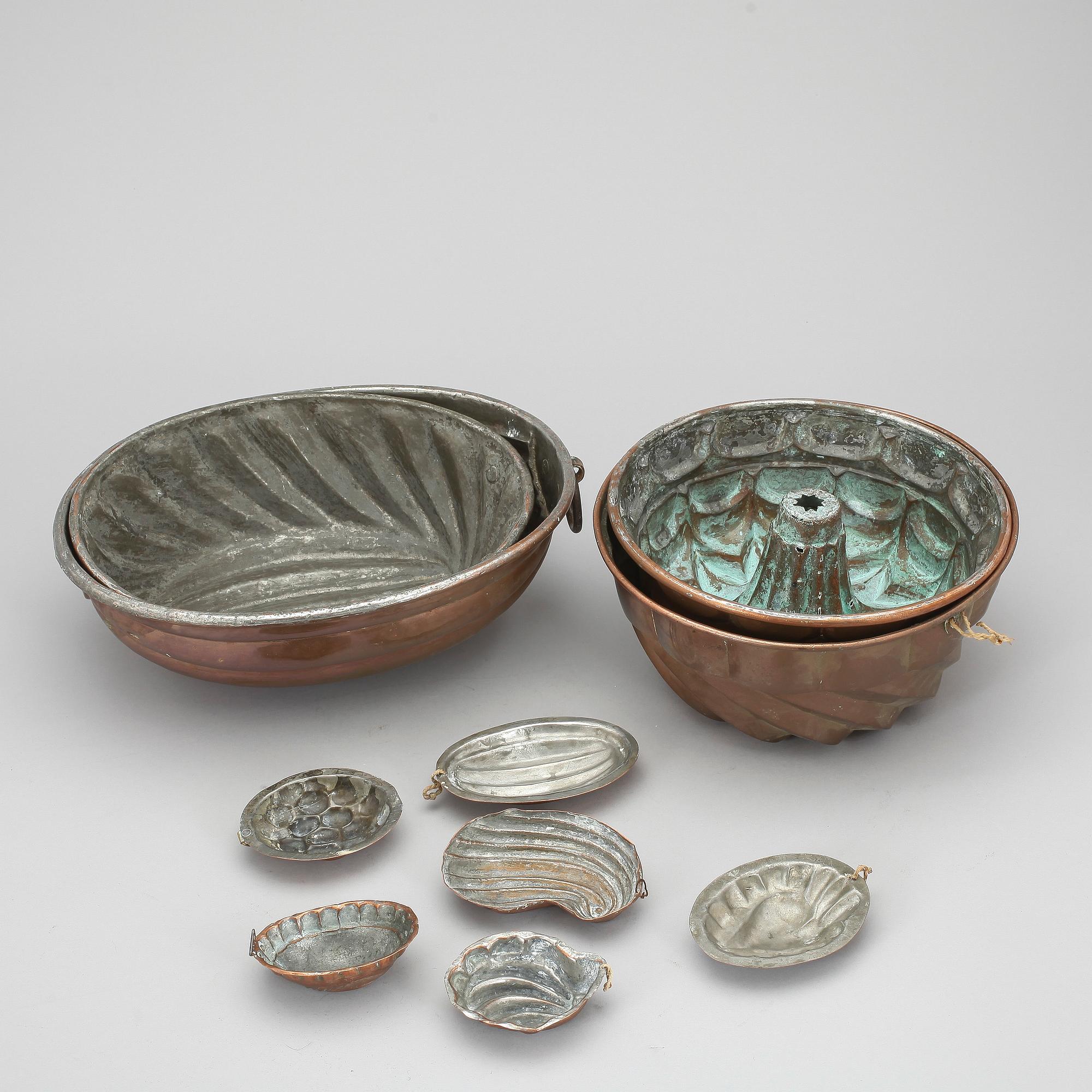 ALADÅBFORMAR OCH FORMAR, 10st, koppar, 1800-1900-tal.