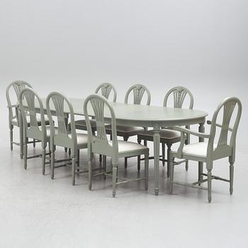 Dining table, with 2 armchairs and 6 chairs, Gustavian style, late 20th century.