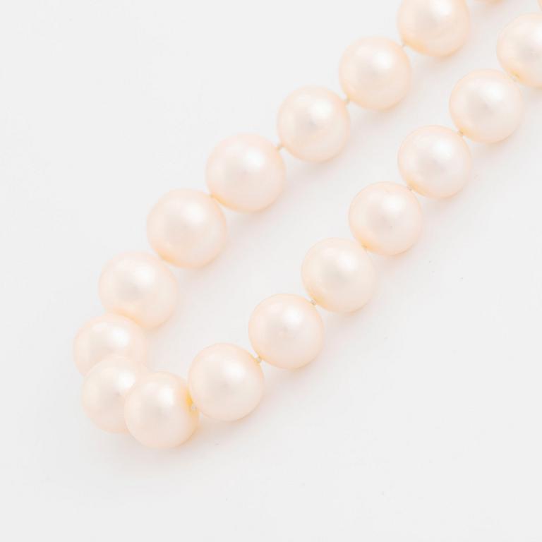 A cultured fresh water pearl necklace.