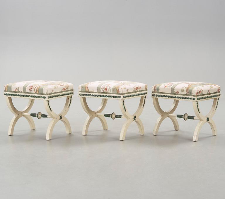 Three painted late gustavian stools c. year 1800.