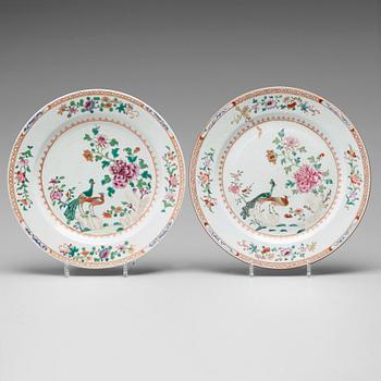 706. A pair of famille rose 'double peacock' dishes, Qing dynasty, Qianlong (1736-95).