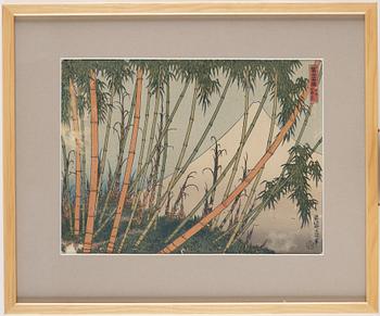 KATSUSHIKA HOKUSAI (1760–1849), efter, färgträsnitt. Japan, "Mount Fuji behind a bamboo grove", sent 1800-tal.