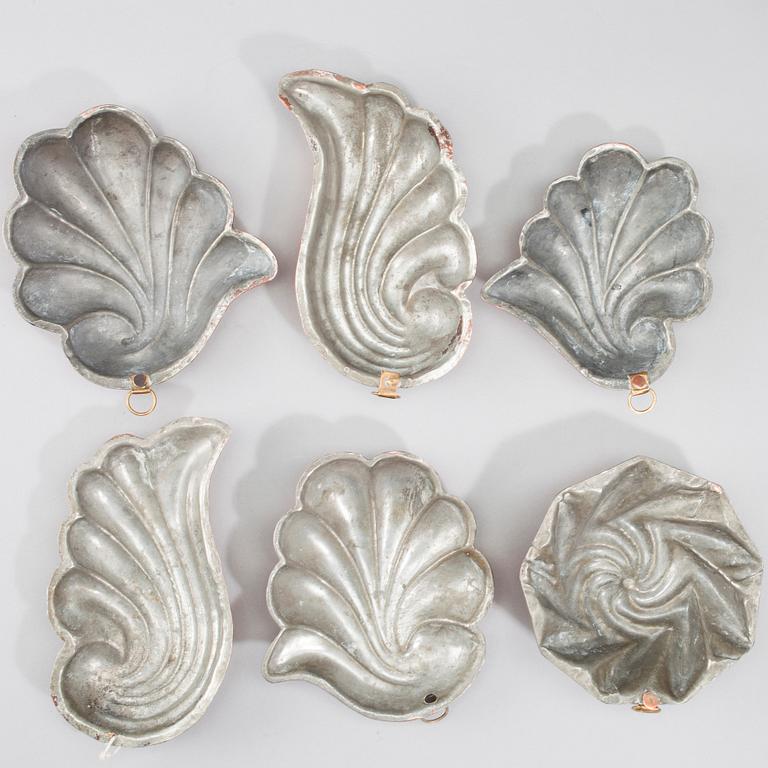BAKELSEFORMAR, 6 st, koppar, sekelskiftet 1800/1900.