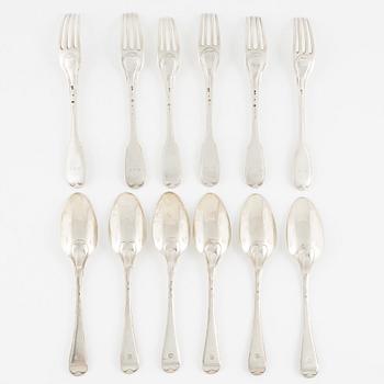 Gafflar 6 st och skedar 6 st, silver. Mikael Nyberg, Stockholm 1786.