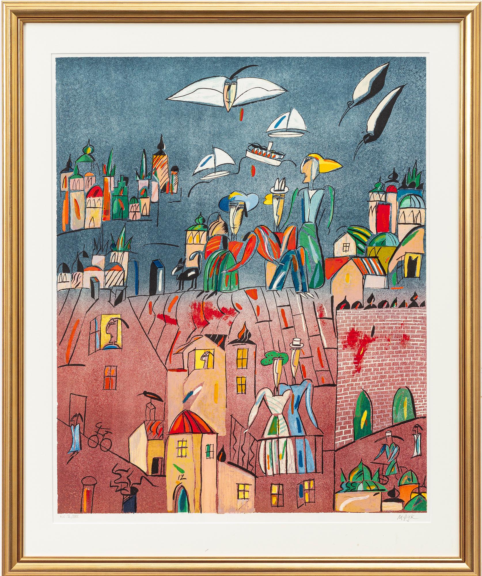 Madeleine Pyk, Cityscape with figures and animals.