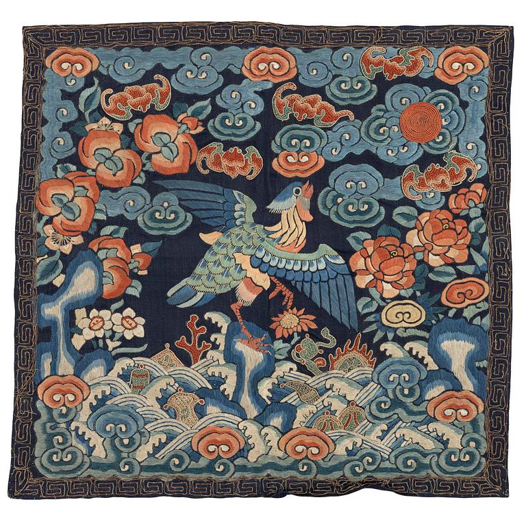 An embroidered rank badge with a bird, Qing dynasty, 19th century.