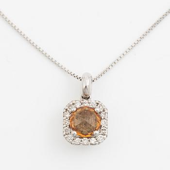 Necklace with orange-brown rose-cut sapphire and brilliant-cut diamonds.