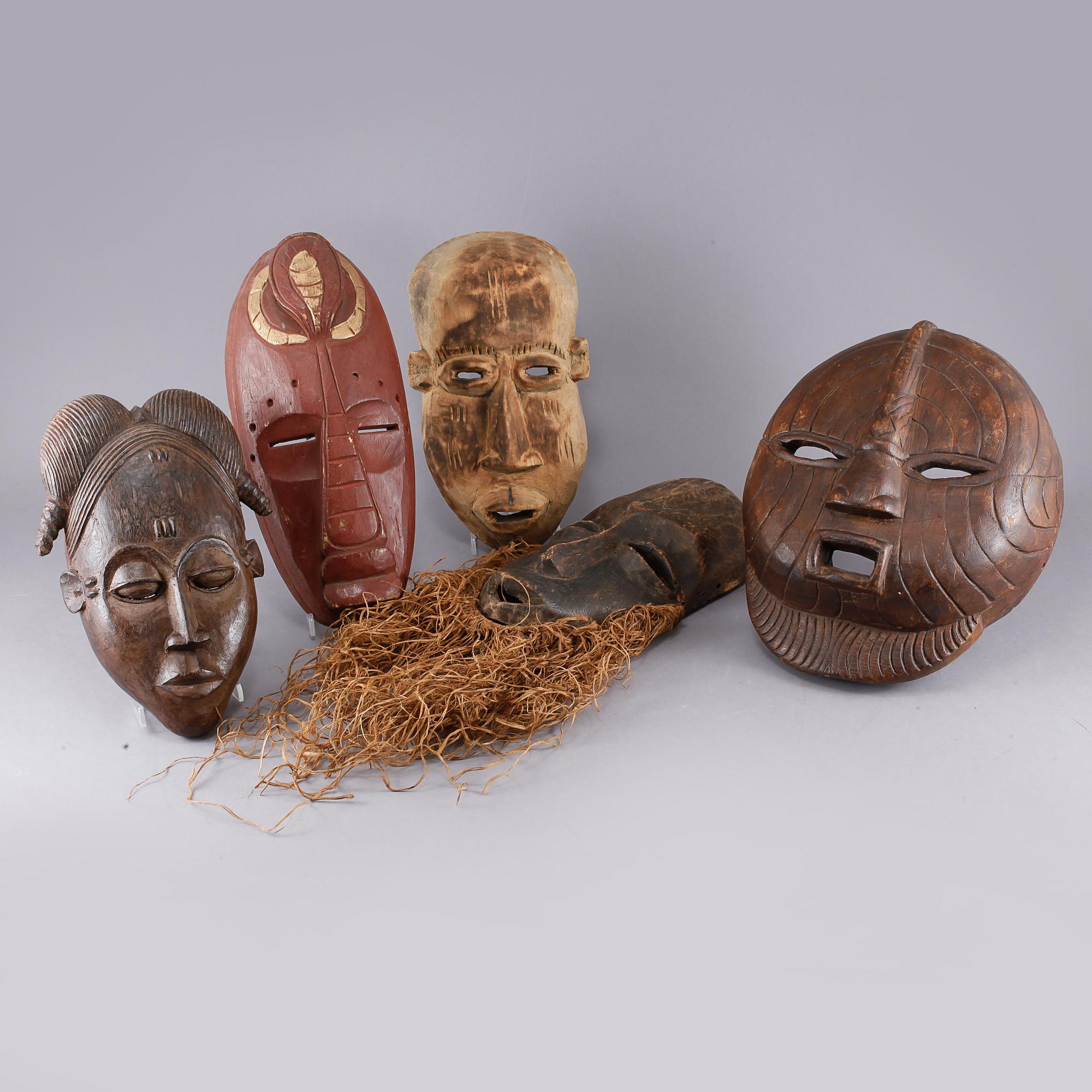 MASKER, 5 st, Afrika, 1900-tal.
