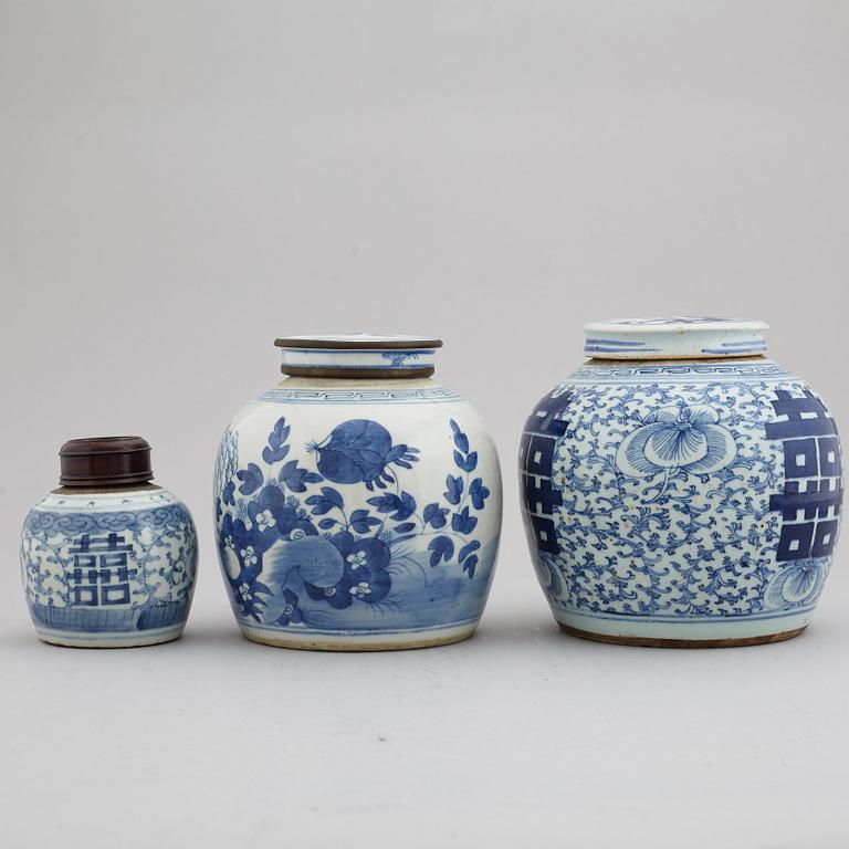 A set of three odd blue and white jars, late Qing dynasty, 19th Century.