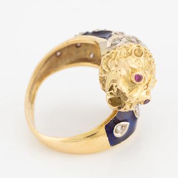 Ring, 18K gold with blue enamel, diamonds, and rubies, Greece.