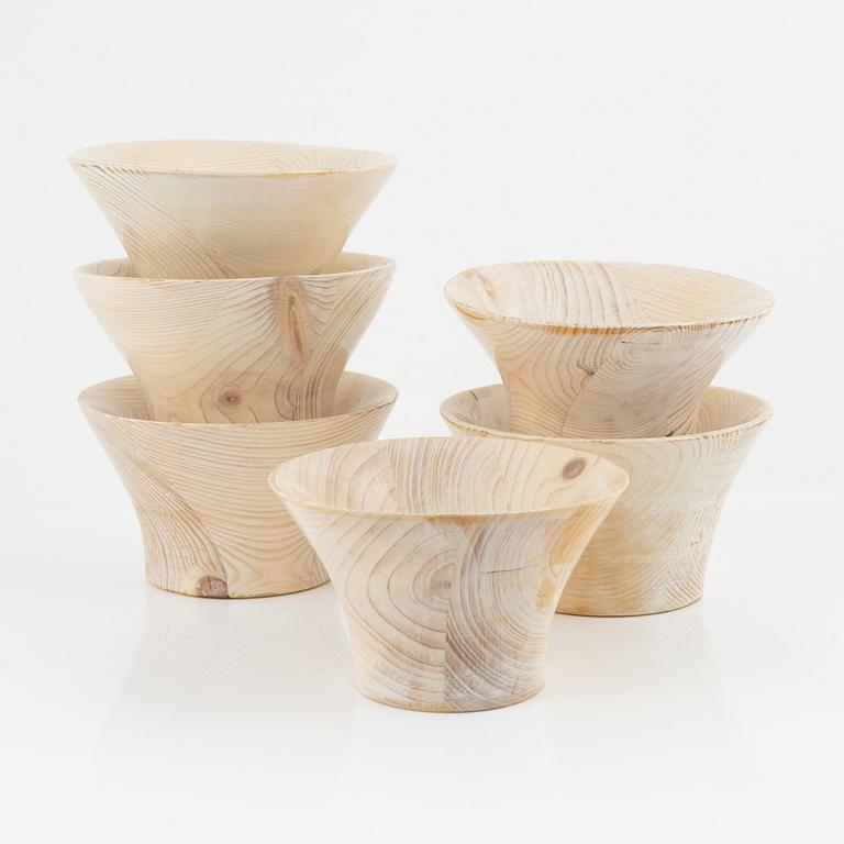 Magnus Ek, a set of six spruce wood bowls for Oaxen Krog, 2019.